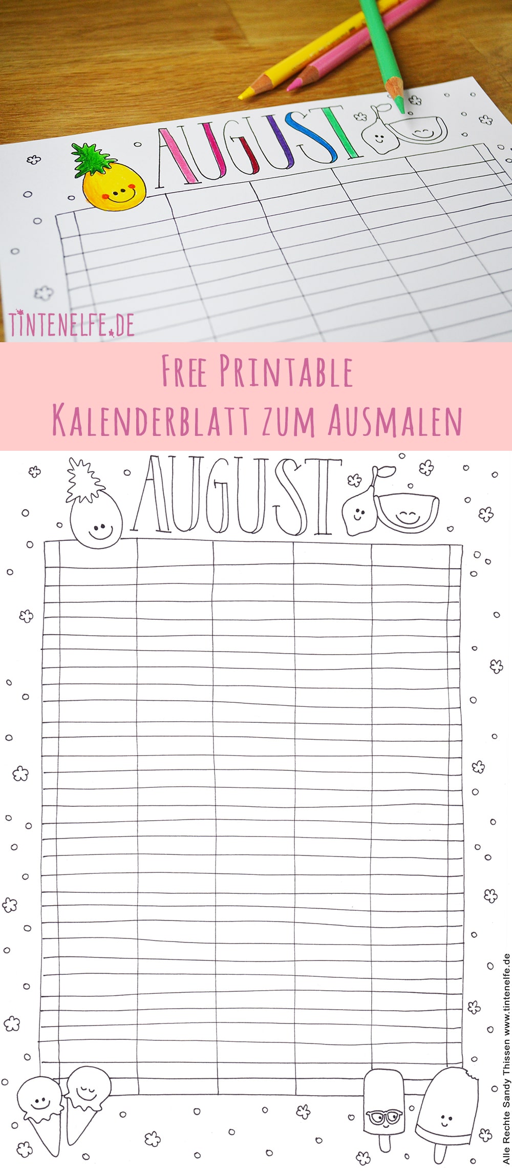 Kalenderblatt August zum Ausdrucken und Ausmalen  