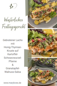 Gebratener Lachs mit Honig-Thymian-Kruste auf Kartoffel-Schwarzwurzel-Pfanne