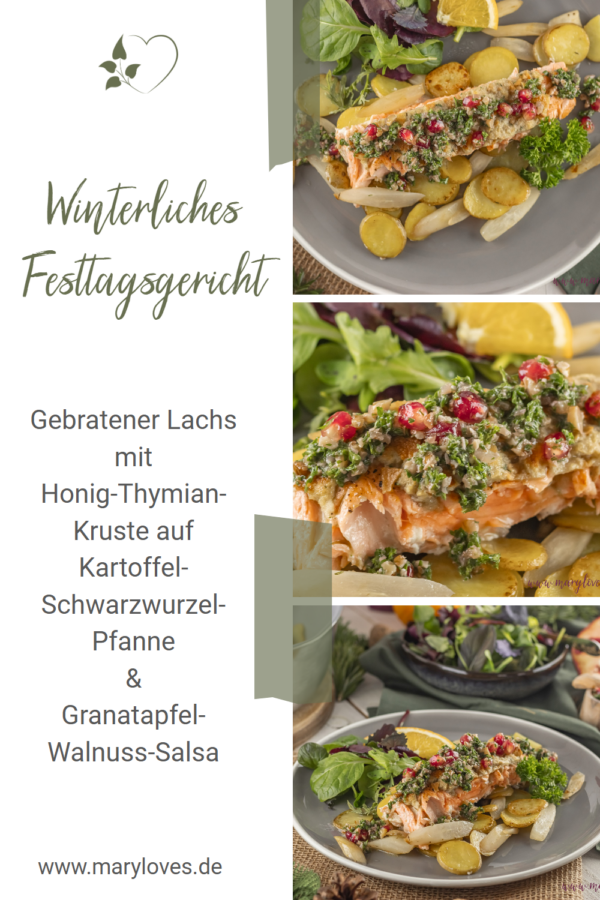 Gebratener Lachs mit Honig-Thymian-Kruste auf Kartoffel-Schwarzwurzel-Pfanne